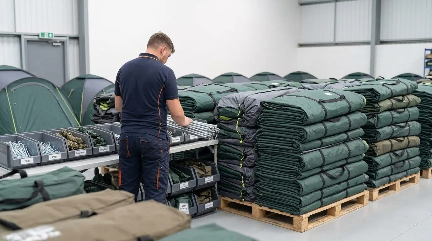 ZIP warehouse with folded tents, pegs and guylines ready for dispatch