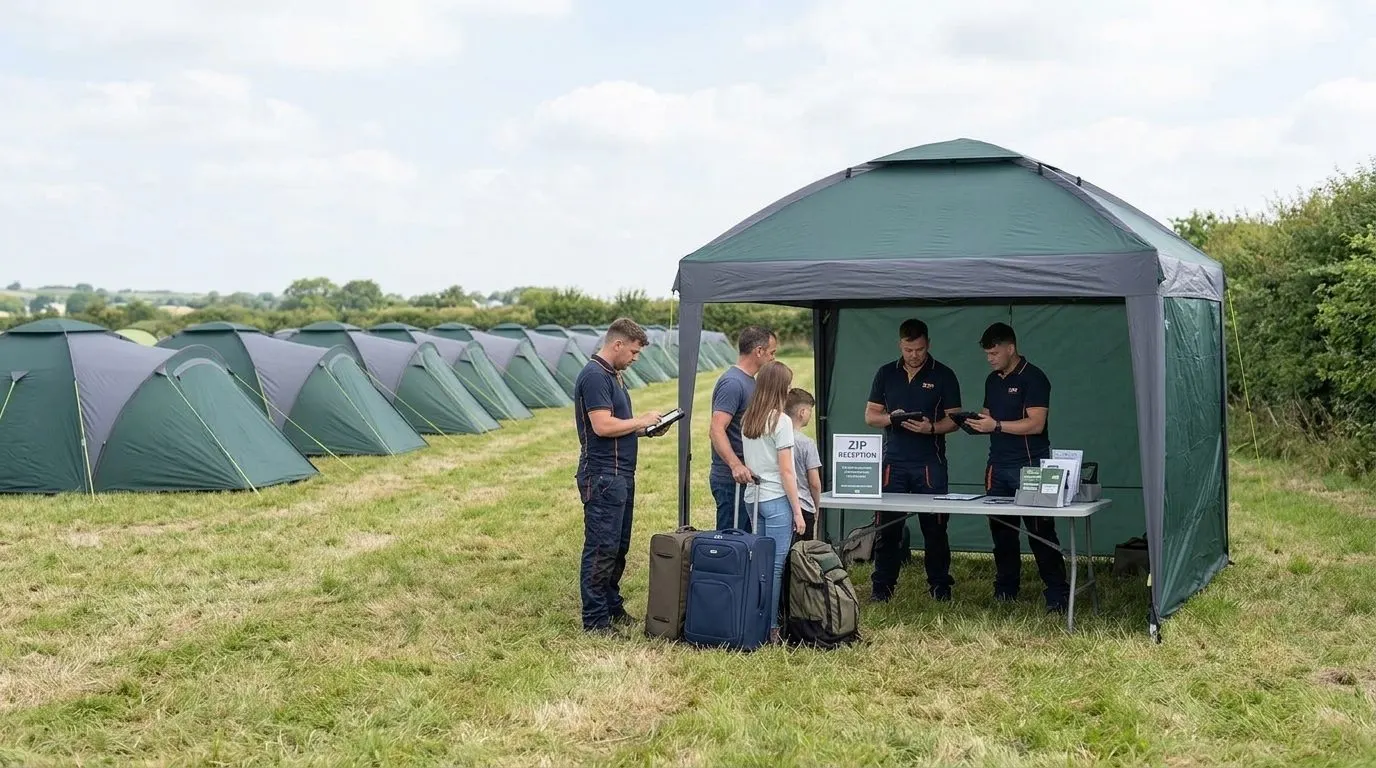 ZIP staff welcoming a family at the on-site reception gazebo